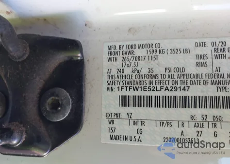 2020 Ford F-150 Xl z USA, uszkodzony, nr VIN 1FTFW1E52LFA29147